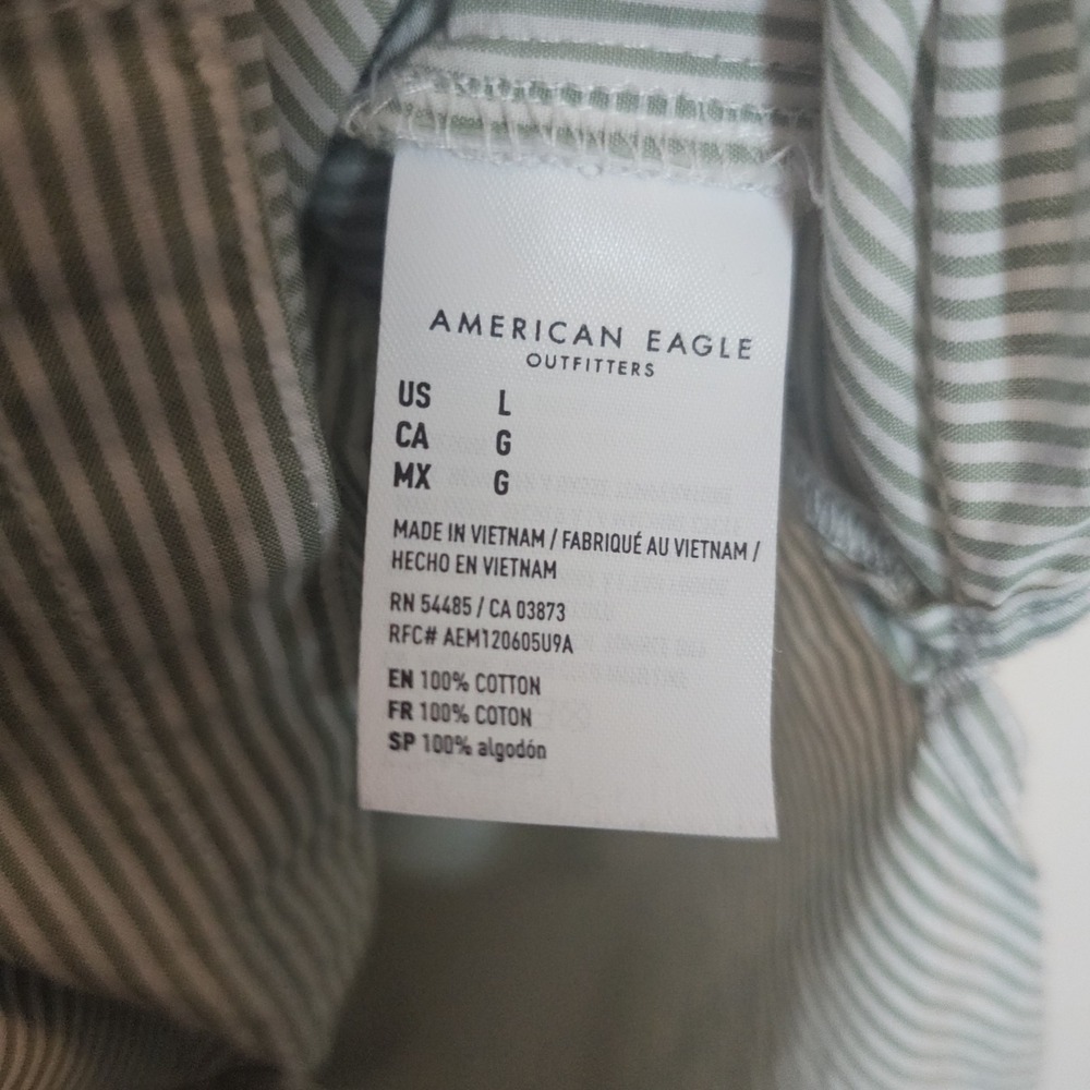 American Eagle Oversized Striped Sage Green Button up Shirt Large Resort Cotton - Picture 7 of 11